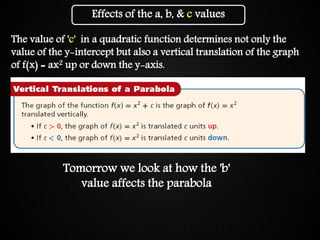Graphing Quadratic FunctionsEffects of the a, b, & c values
The value of 'c' in a quadratic function determines not only the
value of the y-intercept but also a vertical translation of the graph
of f(x) = ax2 up or down the y-axis.
Tomorrow we look at how the 'b'
value affects the parabola
 