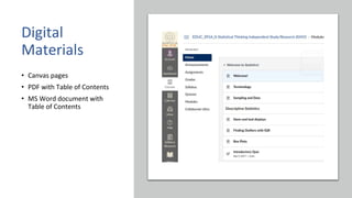 • Canvas pages
• PDF with Table of Contents
• MS Word document with
Table of Contents
Digital
Materials
 
