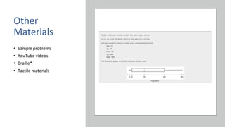 • Sample problems
• YouTube videos
• Braille*
• Tactile materials
Other
Materials
 