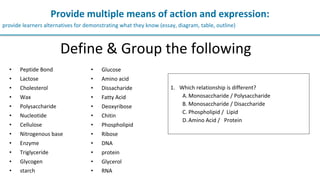 provide learners alternatives for demonstrating what they know (essay, diagram, table, outline)
Provide multiple means of action and expression:
• Peptide Bond
• Lactose
• Cholesterol
• Wax
• Polysaccharide
• Nucleotide
• Cellulose
• Nitrogenous base
• Enzyme
• Triglyceride
• Glycogen
• starch
• Glucose
• Amino acid
• Dissacharide
• Fatty Acid
• Deoxyribose
• Chitin
• Phospholipid
• Ribose
• DNA
• protein
• Glycerol
• RNA
1. Which relationship is different?
A. Monosaccharide / Polysaccharide
B. Monosaccharide / Disaccharide
C. Phospholipid / Lipid
D.Amino Acid / Protein
Define & Group the following
 