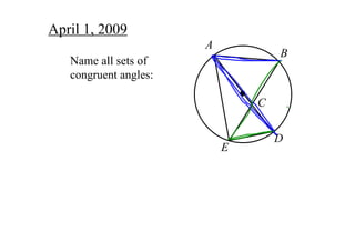 April 1, 2009
                       A
                                   B
   Name all sets of 
   congruent angles:

                               C

                                   D
                           E
 