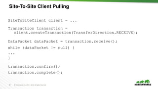 20 © Hortonworks Inc. 2011 – 2016. All Rights Reserved
Site-To-Site Client Pulling
SiteToSiteClient client = ...
Transaction transaction =
client.createTransaction(TransferDirection.RECEIVE);
DataPacket dataPacket = transaction.receive();
while (dataPacket != null) {
...
}
transaction.confirm();
transaction.complete();
 