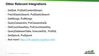 23 © Hortonworks Inc. 2011 – 2016. All Rights Reserved
Other Relevant Integrations
• GetSolr, PutSolrContentStream
• FetchElasticSearch, PutElasticSearch
• GetMongo, PutMongo
• QueryCassandra, PutCassandraQL
• GetCouchbaseKey, PutCouchbaseKey
• QueryDatabaseTable, ExecuteSQL, PutSQL
• GetSplunk, PutSplunk
• And more! https://nifi.apache.org/docs.html
 