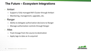 32 © Hortonworks Inc. 2011 – 2016. All Rights Reserved
The Future – Ecosystem Integrations
• Ambari
– Support a fully managed NiFi Cluster through Ambari
– Monitoring, management, upgrades, etc.
• Ranger
– Ability to delegate authorization decisions to Ranger
– Manage authorization controls through Ranger
• Atlas
– Track lineage from the source to destination
– Apply tags to data as its acquired
 