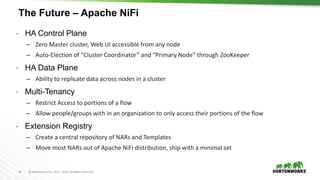 33 © Hortonworks Inc. 2011 – 2016. All Rights Reserved
The Future – Apache NiFi
• HA Control Plane
– Zero Master cluster, Web UI accessible from any node
– Auto-Election of “Cluster Coordinator” and “Primary Node” through ZooKeeper
• HA Data Plane
– Ability to replicate data across nodes in a cluster
• Multi-Tenancy
– Restrict Access to portions of a flow
– Allow people/groups with in an organization to only access their portions of the flow
• Extension Registry
– Create a central repository of NARs and Templates
– Move most NARs out of Apache NiFi distribution, ship with a minimal set
 