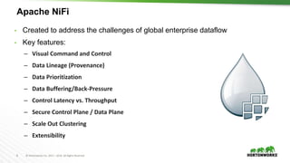 8 © Hortonworks Inc. 2011 – 2016. All Rights Reserved
Apache NiFi
• Created to address the challenges of global enterprise dataflow
• Key features:
– Visual Command and Control
– Data Lineage (Provenance)
– Data Prioritization
– Data Buffering/Back-Pressure
– Control Latency vs. Throughput
– Secure Control Plane / Data Plane
– Scale Out Clustering
– Extensibility
 