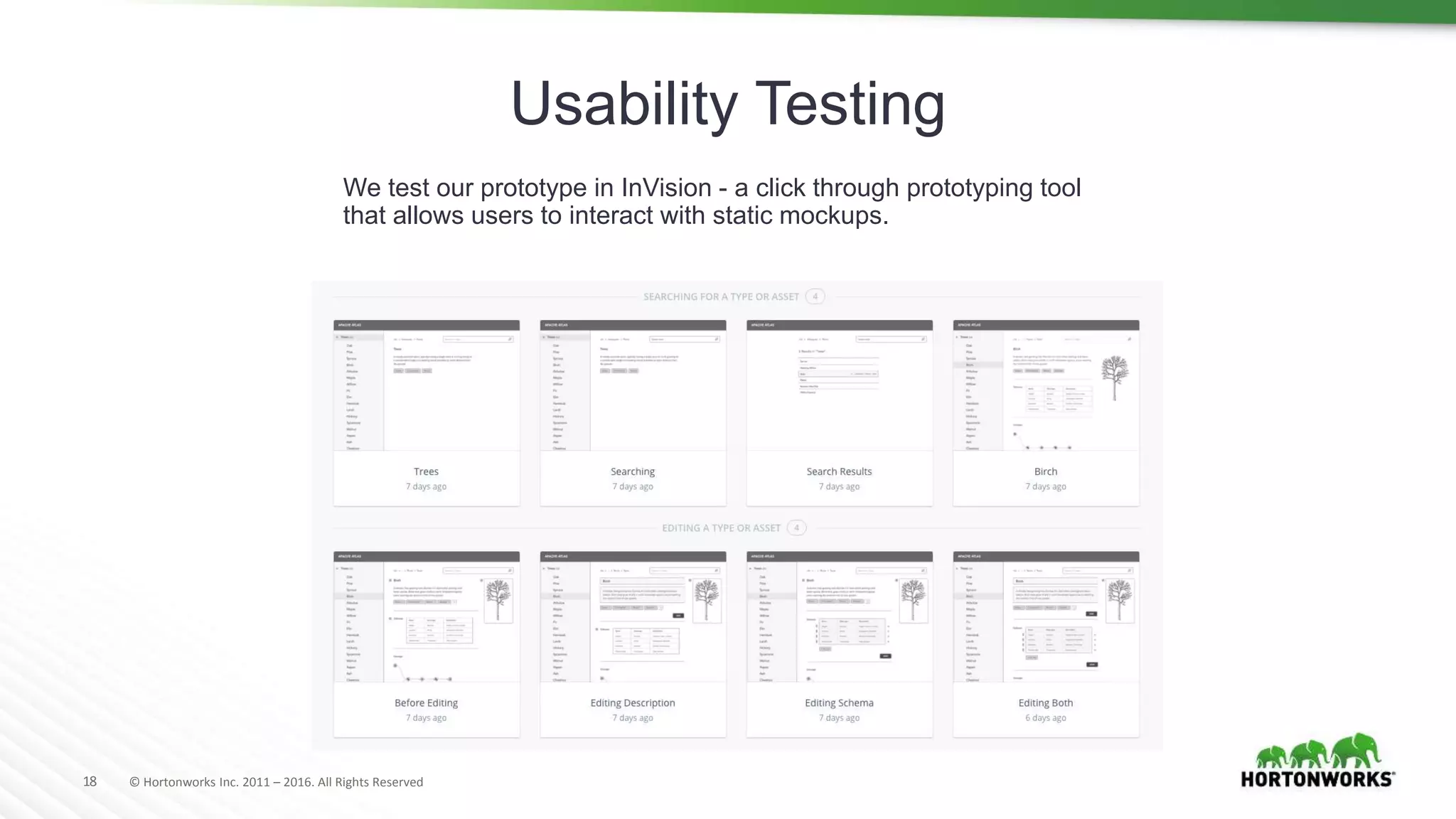 18 © Hortonworks Inc. 2011 – 2016. All Rights Reserved
We test our prototype in InVision - a click through prototyping tool
that allows users to interact with static mockups.
Usability Testing
 