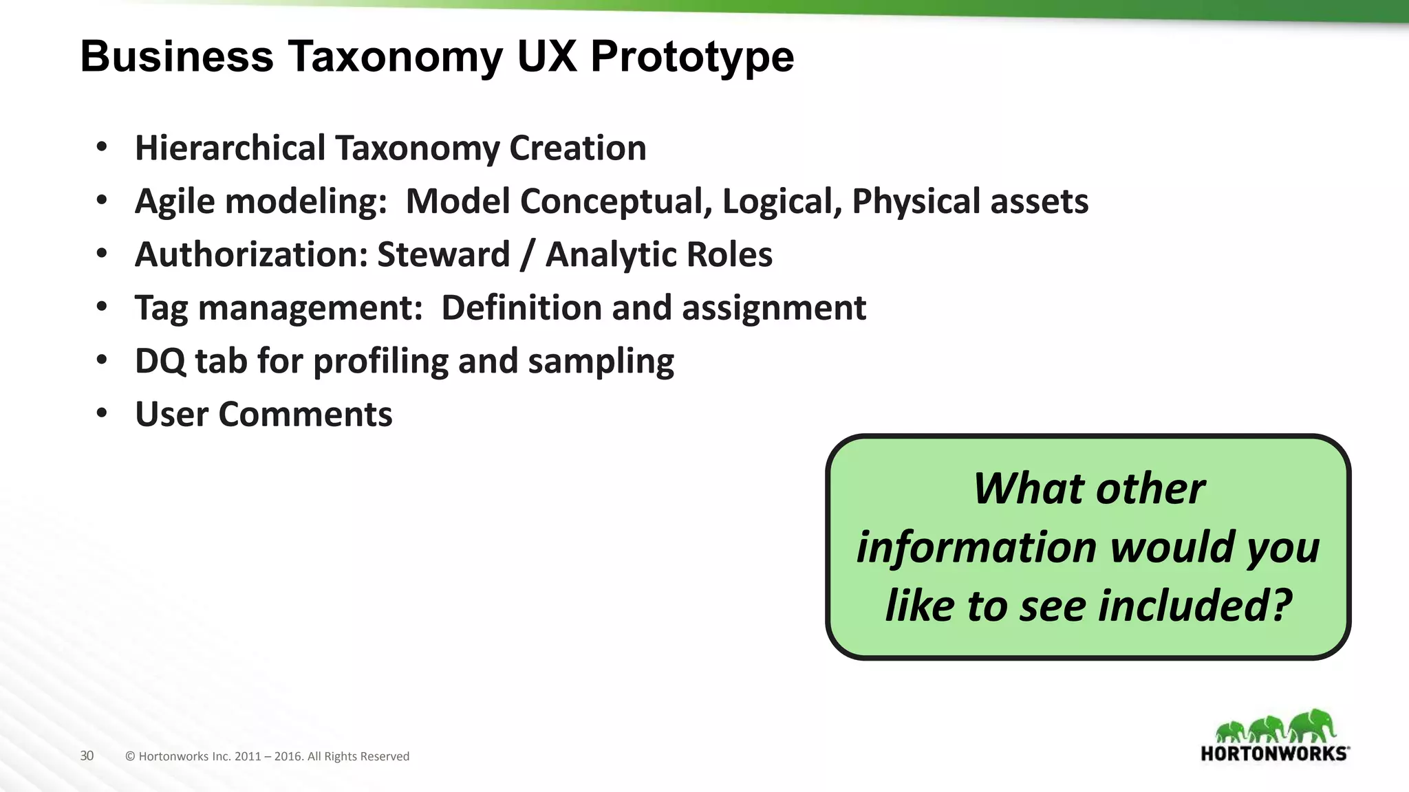 30 © Hortonworks Inc. 2011 – 2016. All Rights Reserved
• Hierarchical Taxonomy Creation
• Agile modeling: Model Conceptual, Logical, Physical assets
• Authorization: Steward / Analytic Roles
• Tag management: Definition and assignment
• DQ tab for profiling and sampling
• User Comments
Business Taxonomy UX Prototype
What other
information would you
like to see included?
 