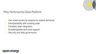 Why Hortonworks Data Platform
• Can scale quickly to respond to market demands
• Interoperability with existing code
• Fantastic data integration
• Knowledgeable technical support
• Security and data governance
 