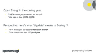 • 25-40k messages processed per second
• Total size of data 500TB-800TB
Open Energi in the coming year:
Perspective: here’s what “big data” means to Boeing [1]:
• ~64k messages per second from each aircraft
• Total size of data over 100 petabytes
[1]: http://bit.ly/18kQlMn
 