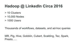 Hadoop @ LinkedIn Circa 2016
> 10 Clusters
> 10,000 Nodes
> 1000 Users
Thousands of workflows, datasets, and ad-hoc queries
MR, Pig, Hive, Gobblin, Cubert, Scalding, Tez, Spark,
Presto, …
 