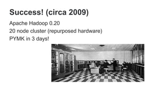 Success! (circa 2009)
Apache Hadoop 0.20
20 node cluster (repurposed hardware)
PYMK in 3 days!
 