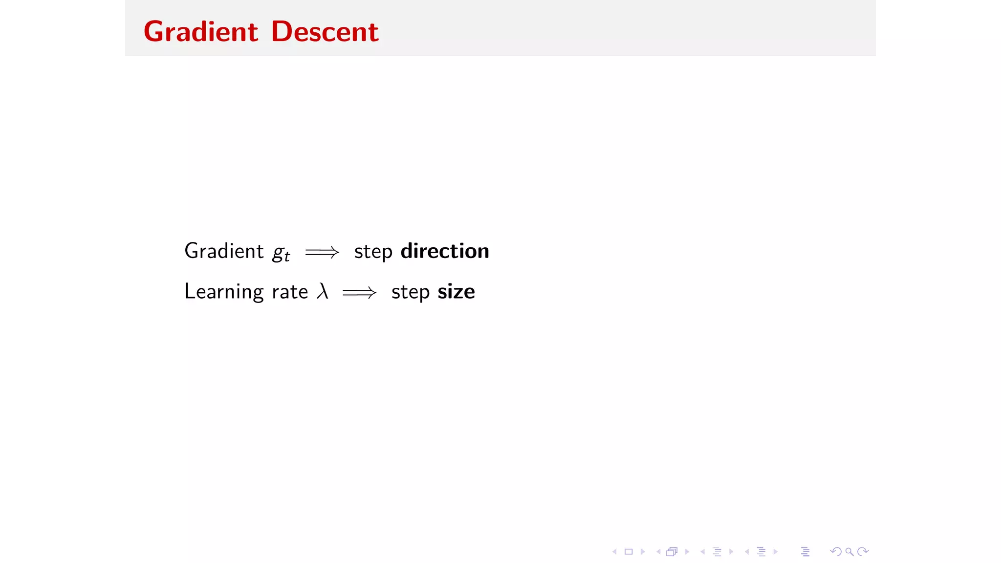 Gradient Descent
Gradient gt =∆ step direction
Learning rate ⁄ =∆ step size
 