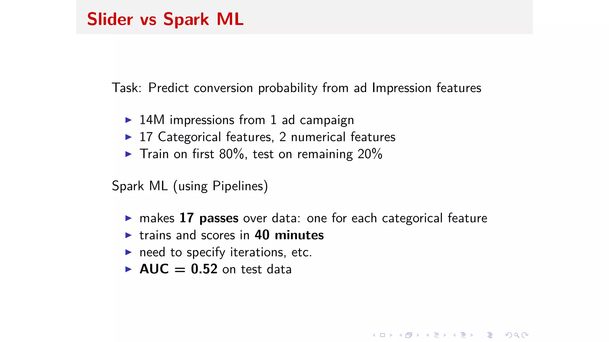 Slider vs Spark ML
Task: Predict conversion probability from ad Impression features
I 14M impressions from 1 ad campaign
I 17 Categorical features, 2 numerical features
I Train on ﬁrst 80%, test on remaining 20%
Spark ML (using Pipelines)
I makes 17 passes over data: one for each categorical feature
I trains and scores in 40 minutes
I need to specify iterations, etc.
I AUC = 0.52 on test data
 