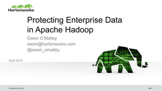 © Hortonworks Inc. 2015
Protecting Enterprise Data
in Apache Hadoop
April 2016
Page 1
Owen O’Malley
owen@hortonworks.com
@owen_omalley
 