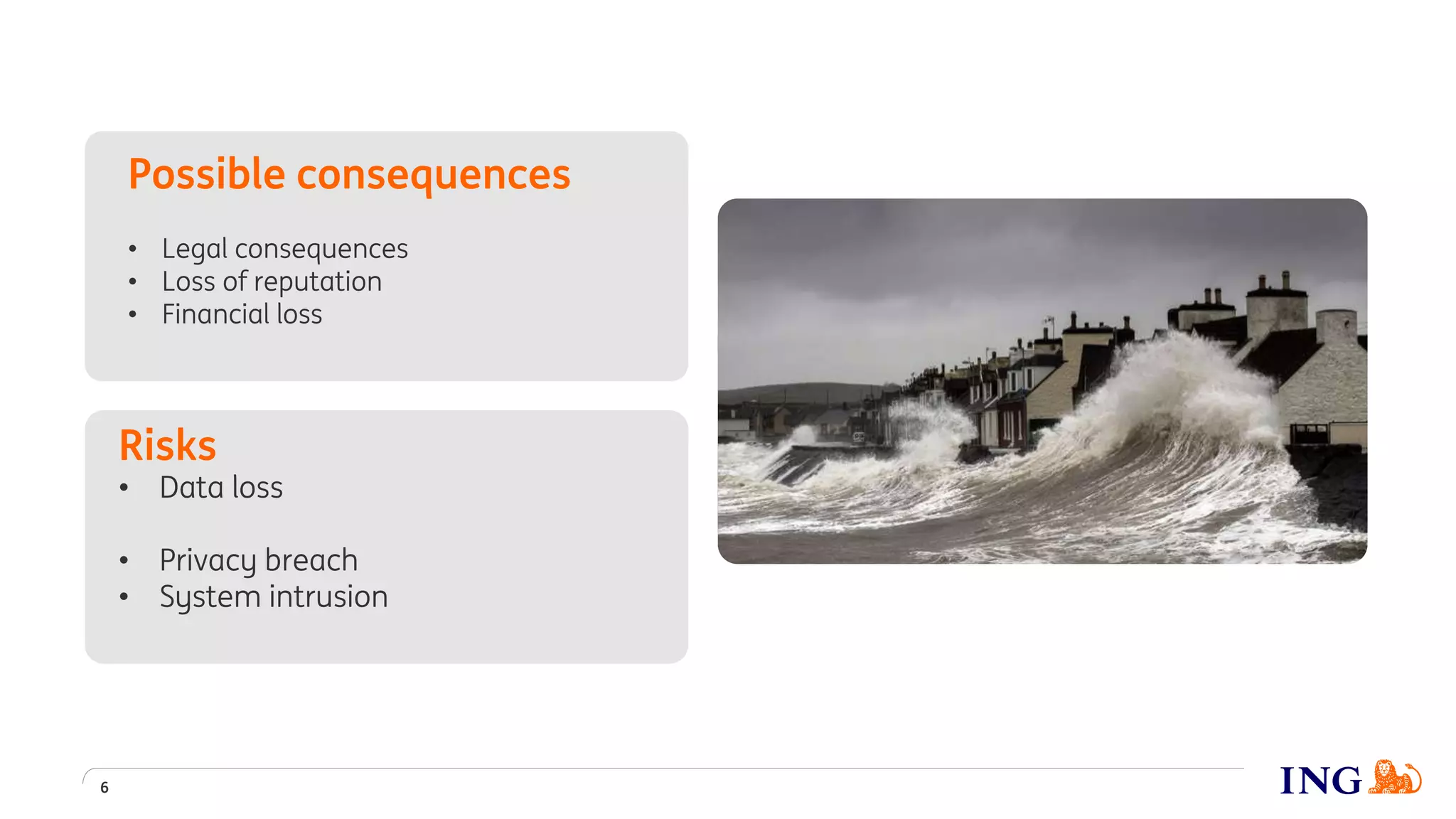 6
Possible consequences
• Legal consequences
• Loss of reputation
• Financial loss
Risks
• Data loss
• Privacy breach
• System intrusion
 