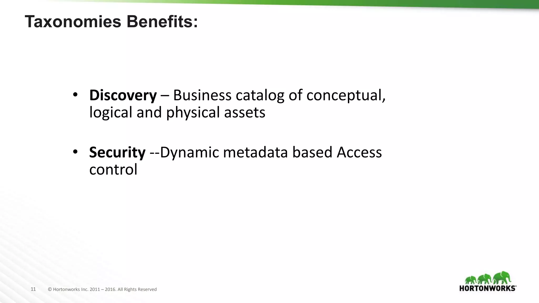 11 © Hortonworks Inc. 2011 – 2016. All Rights Reserved
Taxonomies Benefits:
• Discovery – Business catalog of conceptual,
logical and physical assets
• Security --Dynamic metadata based Access
control
 