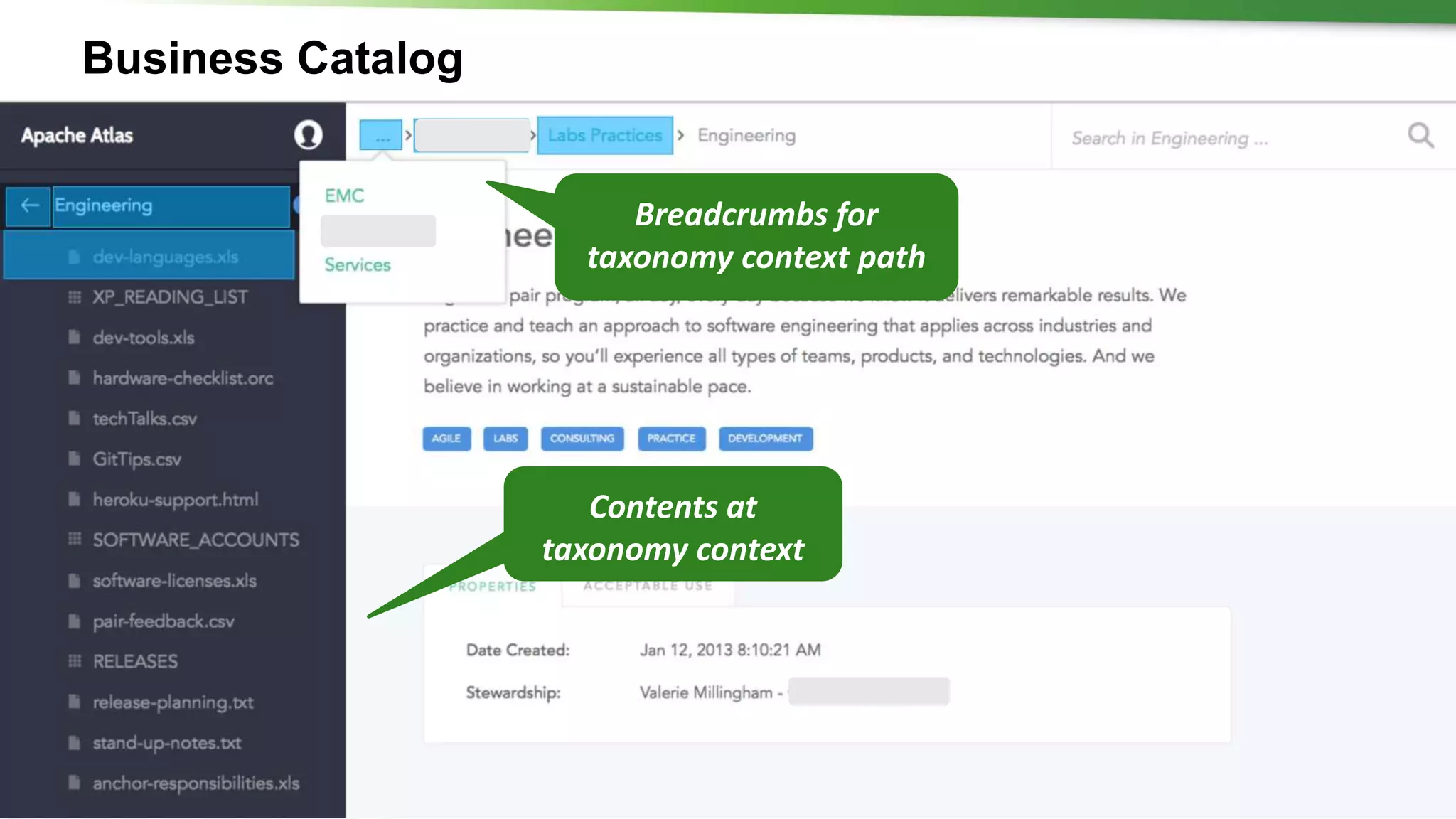 14 © Hortonworks Inc. 2011 – 2016. All Rights Reserved
Business Catalog
Breadcrumbs for
taxonomy context path
Contents at
taxonomy context
 