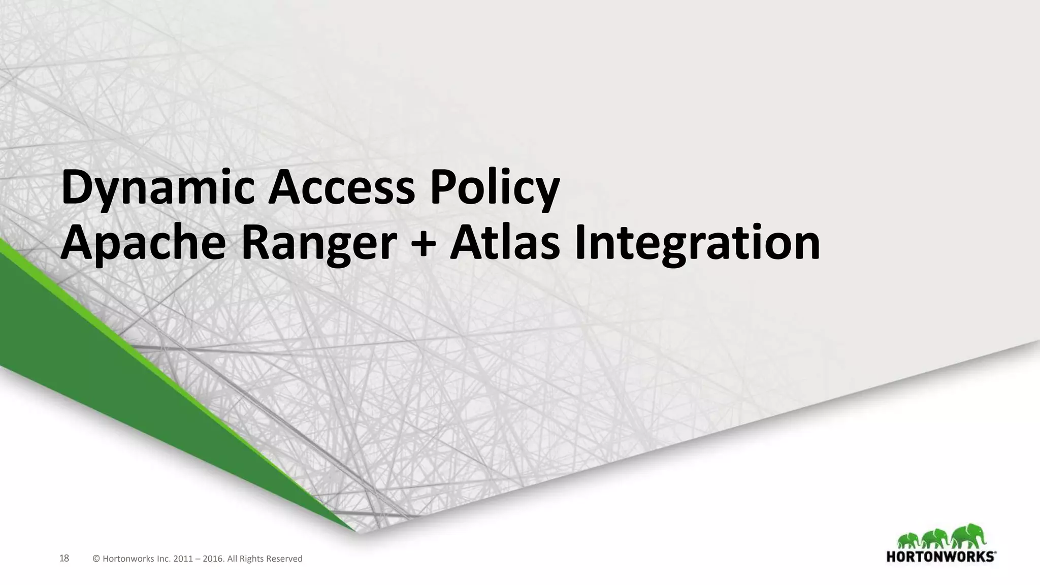 18 © Hortonworks Inc. 2011 – 2016. All Rights Reserved
Dynamic Access Policy
Apache Ranger + Atlas Integration
 