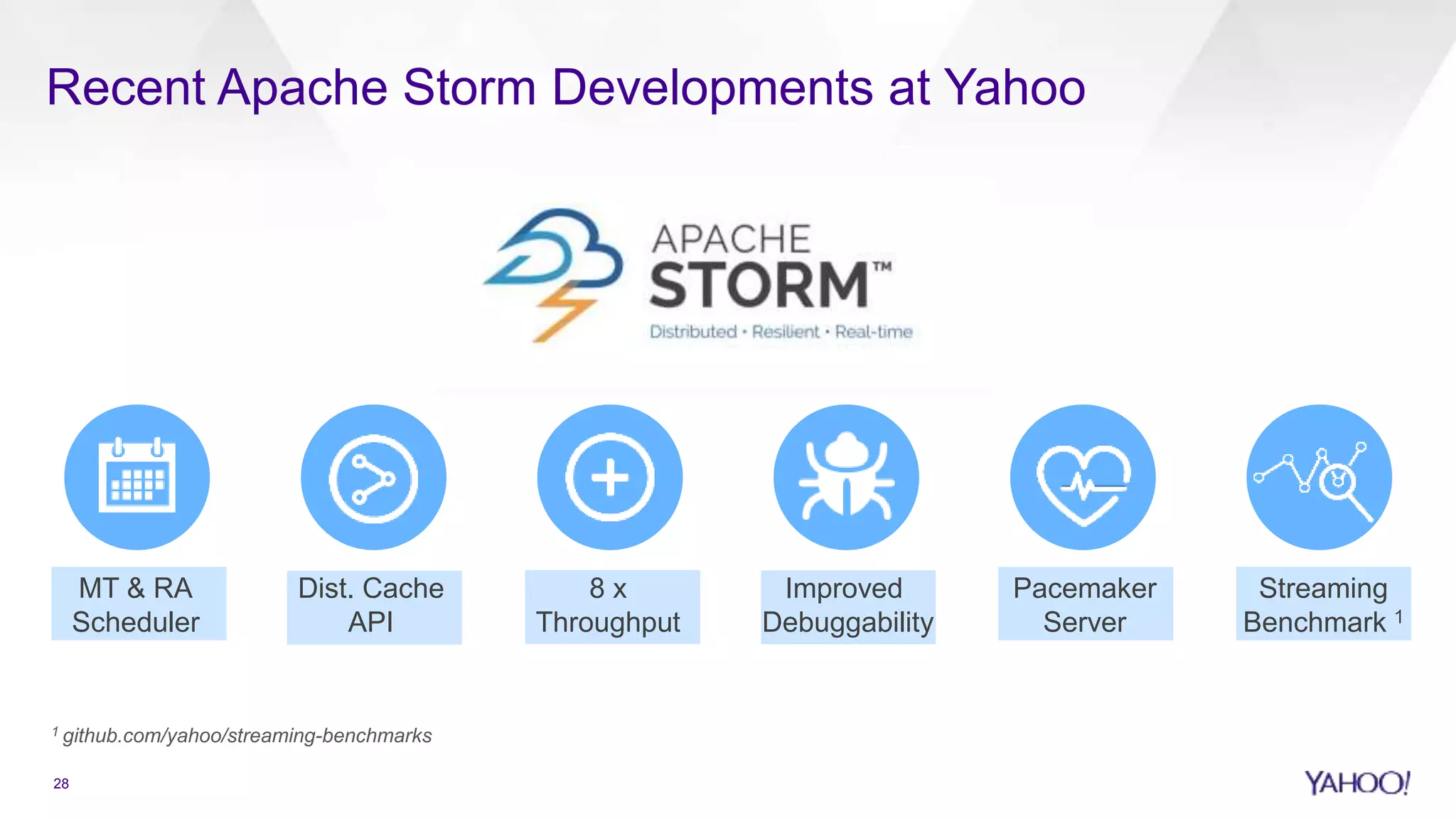 Recent Apache Storm Developments at Yahoo
MT & RA
Scheduler
Dist. Cache
API
8 x
Throughput
Improved
Debuggability
1 github.com/yahoo/streaming-benchmarks
Pacemaker
Server
Streaming
Benchmark 1
28
 