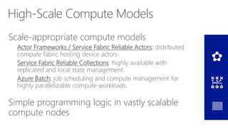 High-Scale Compute Models
Scale-appropriate compute models
Actor Frameworks / Service Fabric Reliable Actors: distributed
compute fabric hosting device actors.
Service Fabric Reliable Collections: highly available with
replicated and local state management.
Azure Batch: job scheduling and compute management for
highly parallelizable compute workloads.
Simple programming logic in vastly scalable
compute nodes
 