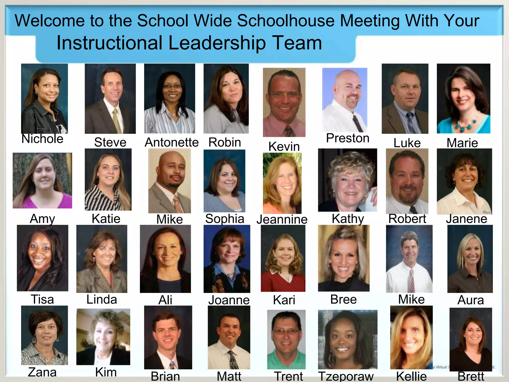 Welcome to the School Wide Schoolhouse Meeting With Your Instructional Leadership TeamPrestonNicholeSteveAntonetteRobinLukeMarieKevinAmyKatieSophiaKathyRobertJaneneMikeJeannineTisaLindaBreeMikeAliJoanneKariAuraZanaKimBrianMattTrentTzeporawKellieBrett