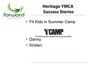 Heritage YMCA
            Success Stories

• Fit Kids in Summer Camp



• Danny
• Kirsten
 