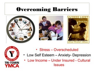 Overcoming Barriers




          • Stress – Overscheduled
  • Low Self Esteem – Anxiety- Depression
   • Low Income – Under Insured - Cultural
                     Issues
 