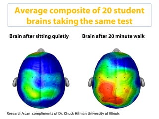 Average composite of 20 student
      brains taking the same test
 Brain after sitting quietly                  Brain after 20 minute walk




Research/scan compliments of Dr. Chuck Hillman University of Illinois
 