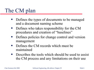 Defines the types of documents to be managed and a document naming scheme Defines who takes responsibility for the CM procedures and creation of “baselines” Defines policies for change control and version management Defines the CM records which must be maintained Describes the tools which should be used to assist the CM process and any limitations on their use The CM plan 