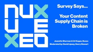 SurveySays…
YourContent
SupplyChainis
Broken
JeanetteSherman& UriKogan,Nuxeo
Moderatedby:DavidLipsey,Henry Stewart
 