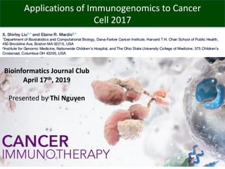 Applications of Immunogenomics to Cancer
Cell 2017
Bioinformatics Journal Club
April 17th, 2019
Presented by Thi Nguyen
 