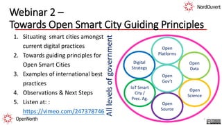 Webinar 2 –
Towards Open Smart City Guiding Principles
1. Situating smart cities amongst
current digital practices
2. Towards guiding principles for
Open Smart Cities
3. Examples of international best
practices
4. Observations & Next Steps
5. Listen at: :
https://vimeo.com/247378746
Open
Data
Digital
Strategy
Open
Science
IoT Smart
City /
Prec. Ag.
Open
Platforms
Open
Source
Open
Gov’t
Alllevelsofgovernment
7
 