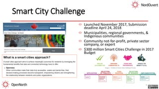 Smart City Challenge
Launched November 2017, Submission
deadline April 24, 2018
Municipalities, regional governments, &
Indigenous communities
Community not-for-profit, private sector
company, or expert
$300 million Smart Cities Challenge in 2017
Budget
9
 