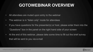 millenniumspasalon.com | meevo.com
GOTOWEBINAR OVERVIEW
• All attendees are muted upon entry to the webinar
• The webinar is in “listen only” mode for attendees
• If you have questions for the presenter(s) or host, please enter them into the
“Questions” box in the panel on the right hand side of your screen
• At the end of this webinar, please take some time to fill out the brief survey
that will be sent to you via e-mail
 