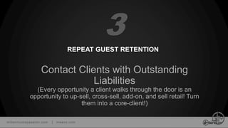 millenniumspasalon.com | meevo.com
REPEAT GUEST RETENTION
Contact Clients with Outstanding
Liabilities
(Every opportunity a client walks through the door is an
opportunity to up-sell, cross-sell, add-on, and sell retail! Turn
them into a core-client!)
3
 