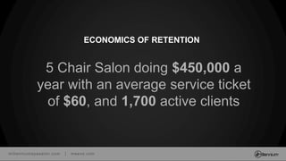 millenniumspasalon.com | meevo.com
ECONOMICS OF RETENTION
5 Chair Salon doing $450,000 a
year with an average service ticket
of $60, and 1,700 active clients
 