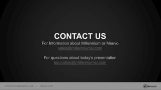 millenniumspasalon.com | meevo.com
CONTACT US
For Information about Millennium or Meevo
sales@millenniumsi.com
For questions about today’s presentation
education@millenniumsi.com
 