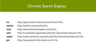 Official Gutenberg Block ExamplesChrome Search Engines
tw https://greenmellen.teamwork.com/#/search/%s
twitter https://twitter.com/search?q=%s
host https://www.whoishostingthis.com/?q=%s
wiki http://en.wikipedia.org/w/index.php?title=Special:Search&search=%s
codex http://codex.wordpress.org/index.php?title=Special:Search&search=%s
gm https://www.greenmellenmedia.com/?s=%s
 