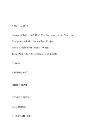April 19, 2018
Course #/Title: MATU-203 – Introduction to Statistics
Assignment Title: Final Class Project
Week Assessment Occurs: Week 8
Total Points for Assignment: 200 points
Criteria
EXEMPLARY
PROFICIENT
DEVELOPING
EMERGING
NOT COMPLETE
 