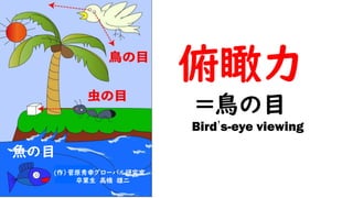 俯瞰力
＝鳥の目
魚の目
(作）菅原秀幸グローバル研究室
卒業生 高橋 雄二
Bird’s-eye viewing
 