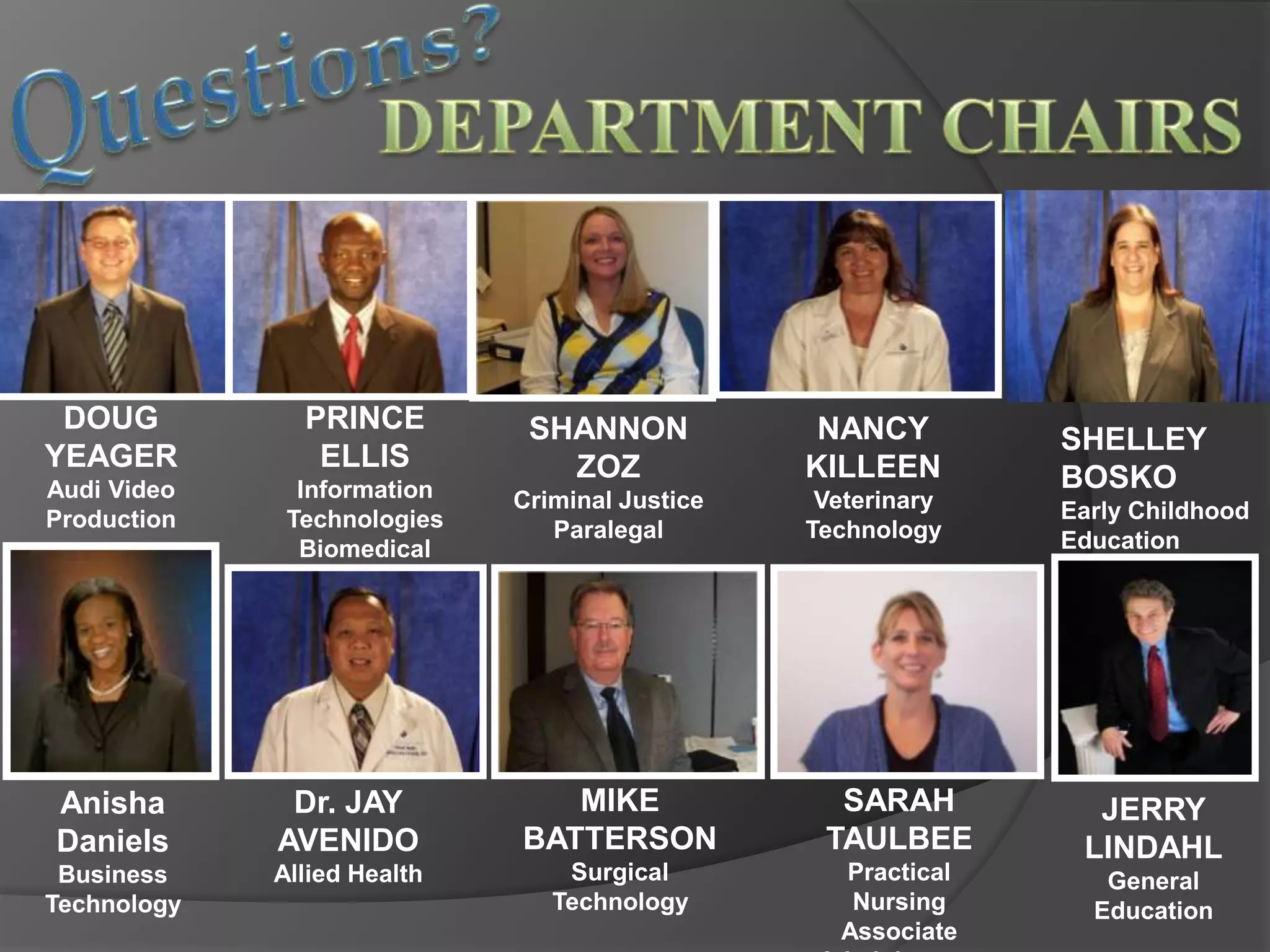 DOUG          PRINCE         SHANNON            NANCY        SHELLEY
YEAGER          ELLIS           ZOZ             KILLEEN
Audi Video     Information                                    BOSKO
                             Criminal Justice    Veterinary   Early Childhood
Production    Technologies      Paralegal       Technology
               Biomedical                                     Education




Anisha        Dr. JAY           MIKE              SARAH         JERRY
Daniels      AVENIDO         BATTERSON           TAULBEE       LINDAHL
 Business    Allied Health       Surgical         Practical      General
Technology                      Technology         Nursing      Education
                                                  Associate
 