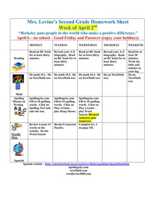 Mrs. Levine’s Second Grade Homework Sheet
                          Week of April 2nd
    “Berkeley puts people in the world who make a positive difference.”
   April 6 – no school – Good Friday and Passover (enjoy your holidays)
             MONDAY                TUESDAY               WEDNESDAY             THURSDAY            WEEKEND

             Read an RC book       Reread your A-Z       Read an RC book       Reread your A-Z     Read for at
             for at least thirty   biography. Read       for at least thirty   biography. Read     least 30
 Reading     minutes.              an RC book for at     minutes.              an RC book for at   minutes.
                                   least thirty                                least thirty        Write the
                                   minutes.                                    minutes.            titles and
                                                                                                   minutes in
                                                                                                   your log.
             Do math 10.1. Do      Do math 10.2. Do      Do math 10.3. Do      Do an XtraMath      Do an
             an XtraMath test.     an XtraMath test.     an XtraMath test.     test.               XtraMath
                                                                                                   test.



  Math
 Spelling    Spellingcity.com      Spellingcity.com      Spellingcity.com
Phonics &    Fill in 10 spelling   Fill in 10 spelling   Fill in 10 spelling
Writing      words. Click on       words. Click on       words. Click on
             Spelling Test and     Play a Game –         Play a Game –
             take the test.        play Hang Mouse.      play Word
                                                         Search. Dictated
                                                         sentences quiz
                                                         tomorrow.
             Review Lesson 13      Do the Crossword      Complete Ex. 1
             words on the          Puzzles.              on page 101.
             website. Do the
Wordly       Word Search
Wise




 Spanish
        Spanish website – http://school.berkeleyprep.org/lower/llinks/spanlinks/Spanish2nd.htm
                                              Spellingcity.com
                                               xtraMath.com
                                            wordlywise3000.com
 