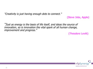"Creativity is just having enough dots to connect.”   (Steve Jobs, Apple) “ J ust as energy is the basis of life itself, and ideas the source of innovation, so is innovation the vital spark of all human change, improvement and progress.”  (Theodore Levitt)   