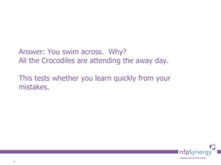 Answer: You swim across.  Why?  All the Crocodiles are attending the away day.  This tests whether you learn quickly from your mistakes. 