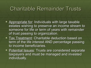 Charitable Remainder Trusts Appropriate for : Individuals with large taxable estates wishing to preserve an income stream to someone for life or term of years with remainder of trust passing to organization. Tax Treatment : Charitable deduction based on term of the life interest AND percentage passing to income beneficiaries. Potential Issues : Trusts are considered separate taxpayers and must be managed and invested individually. 