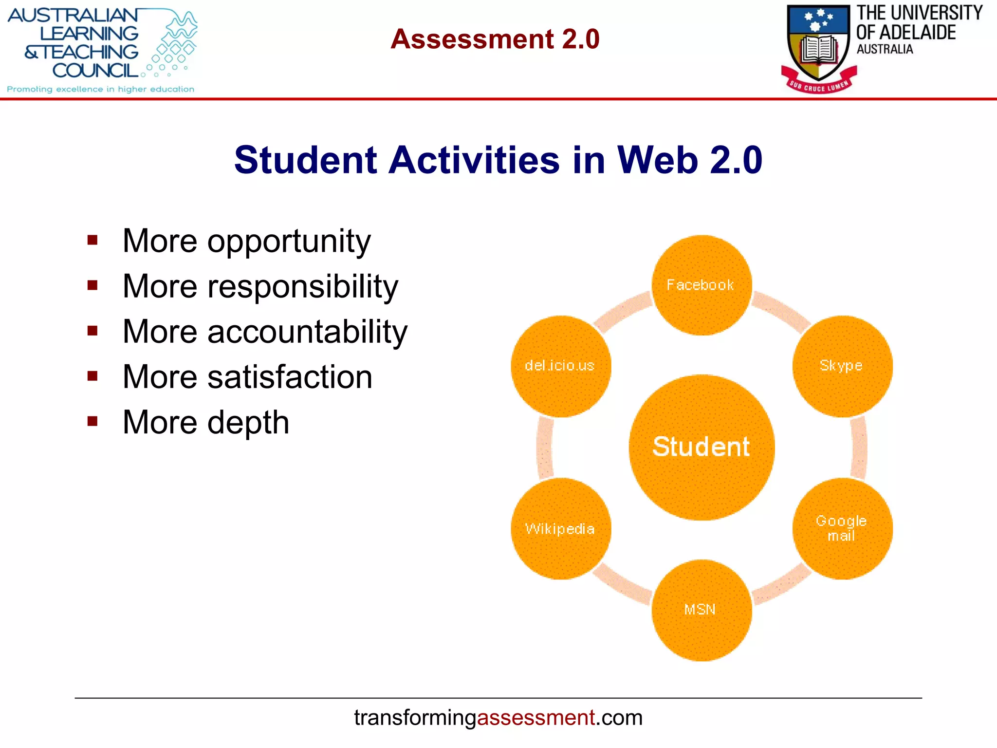 Student Activities in Web 2.0 More opportunity More responsibility More accountability More satisfaction More depth 