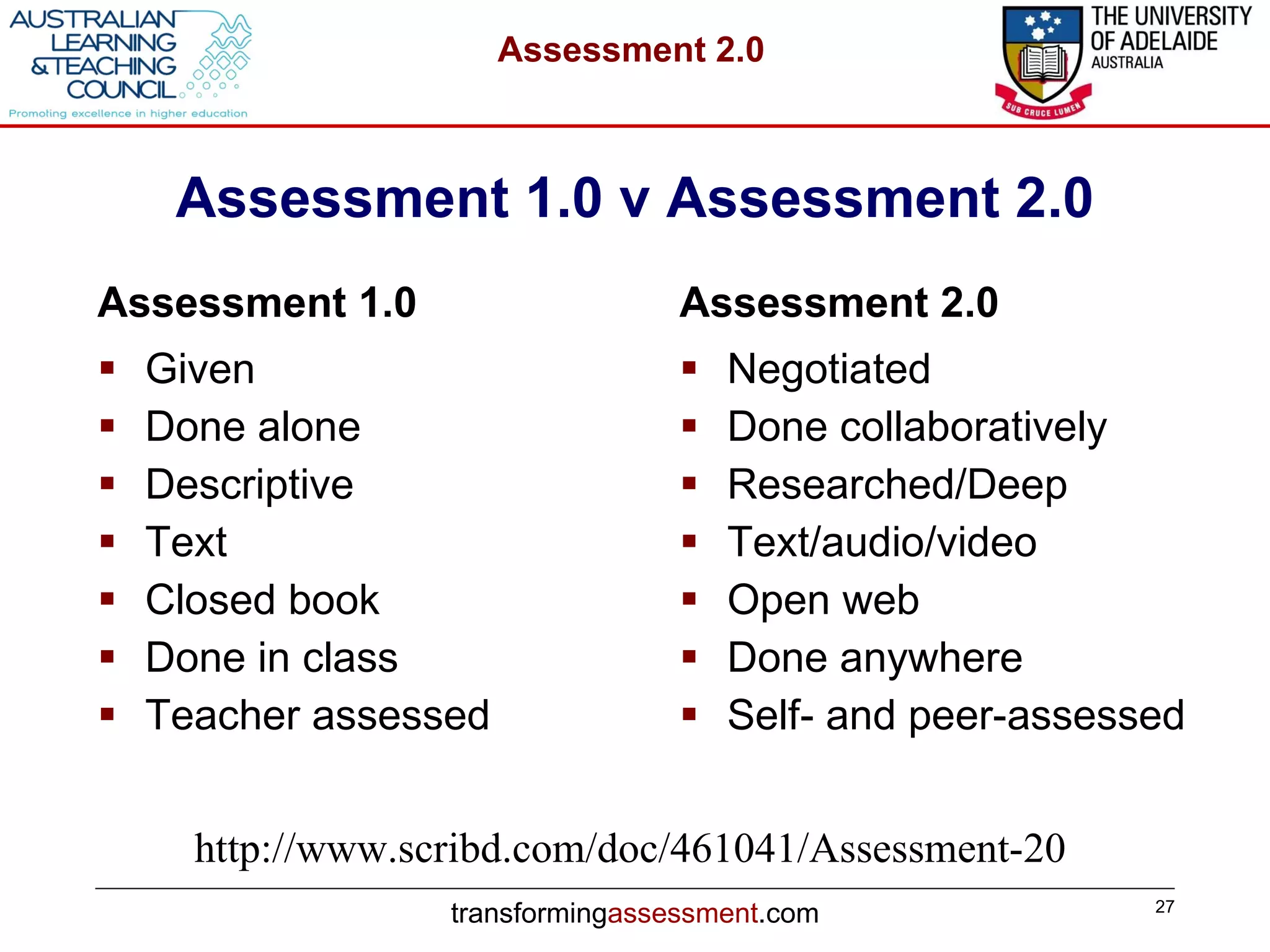 Assessment 1.0 v Assessment 2.0 Given Done alone Descriptive Text Closed book Done in class Teacher assessed Negotiated Done collaboratively Researched/Deep Text/audio/video Open web Done anywhere Self- and peer-assessed Assessment 1.0 Assessment 2.0 http://www.scribd.com/doc/461041/Assessment-20 