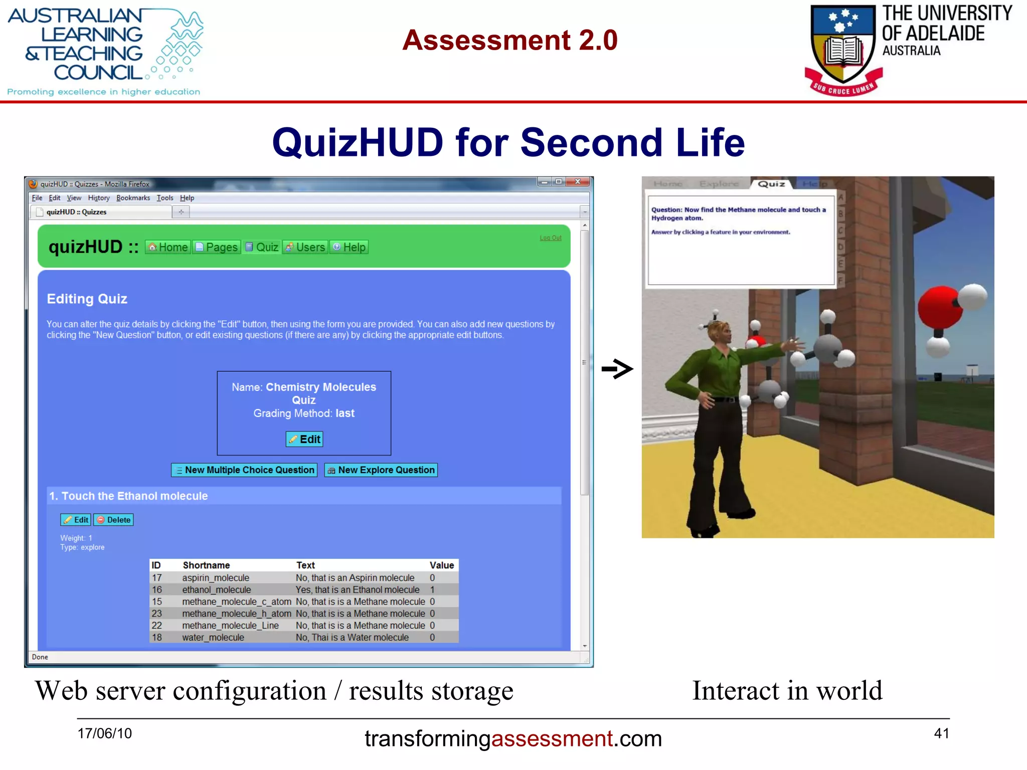 QuizHUD for Second Life 17/06/10 Web server configuration / results storage  Interact in world 