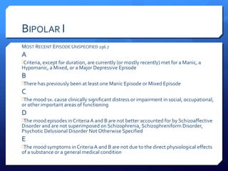 BIPOLAR I
MOST RECENT EPISODE UNSPECIFIED 296.7
A
Criteria, except for duration, are currently (or mostly recently) met for a Manic, a
Hypomanic, a Mixed, or a Major Depressive Episode
B
There has previously been at least one Manic Episode or Mixed Episode
C
The mood sx. cause clinically significant distress or impairment in social, occupational,
or other important areas of functioning
D
The mood episodes in Criteria A and B are not better accounted for by Schizoaffective
Disorder and are not superimposed on Schizophrenia, Schizophreniform Disorder,
Psychotic Delusional Disorder Not Otherwise Specified
E
The mood symptoms in Criteria A and B are not due to the direct physiological effects
of a substance or a general medical condition
 